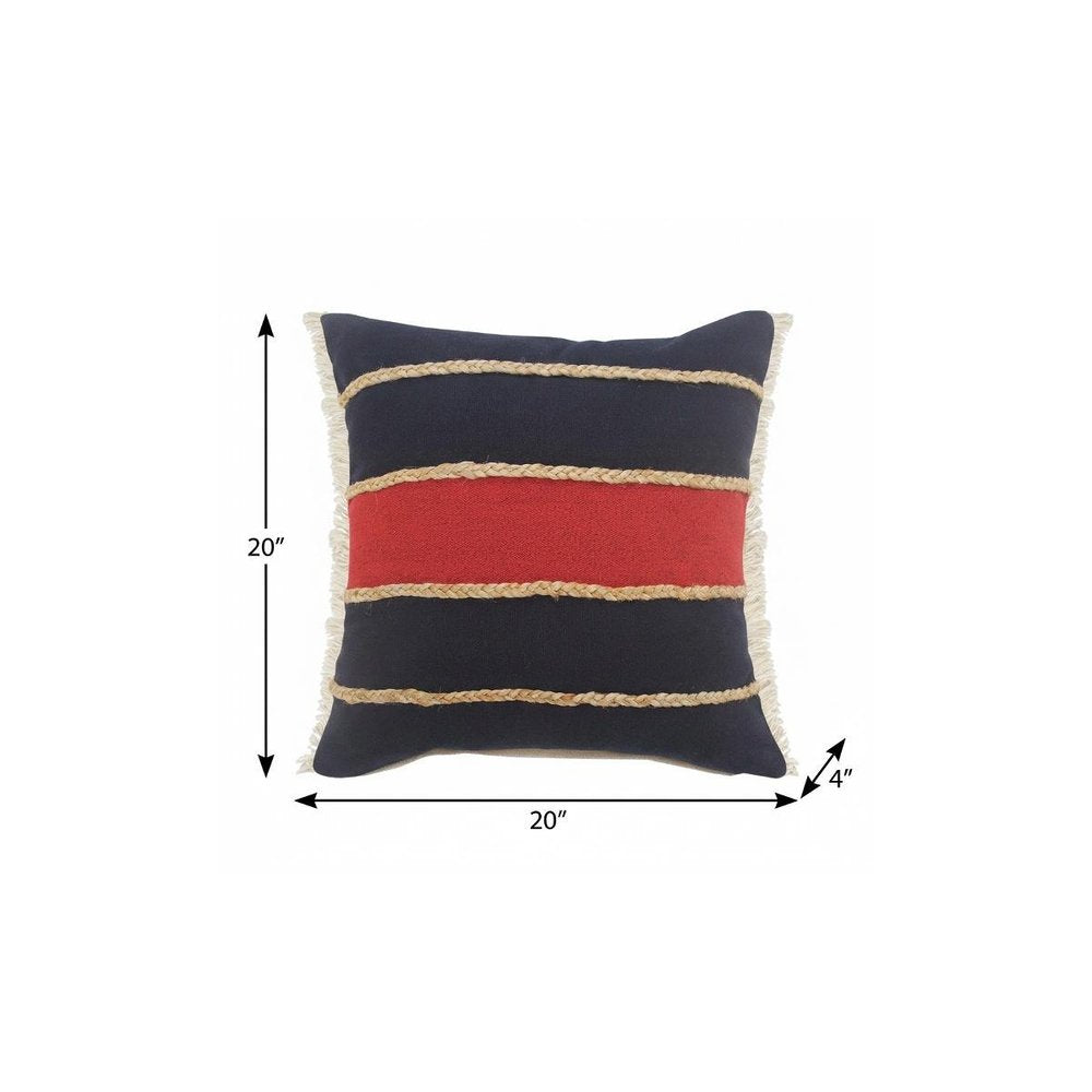 14" X 36" Red Navy And Tan 100% Cotton Striped Zippered Pillow