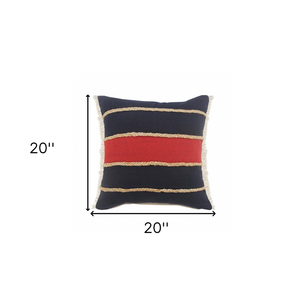 14" X 36" Red Navy And Tan 100% Cotton Striped Zippered Pillow