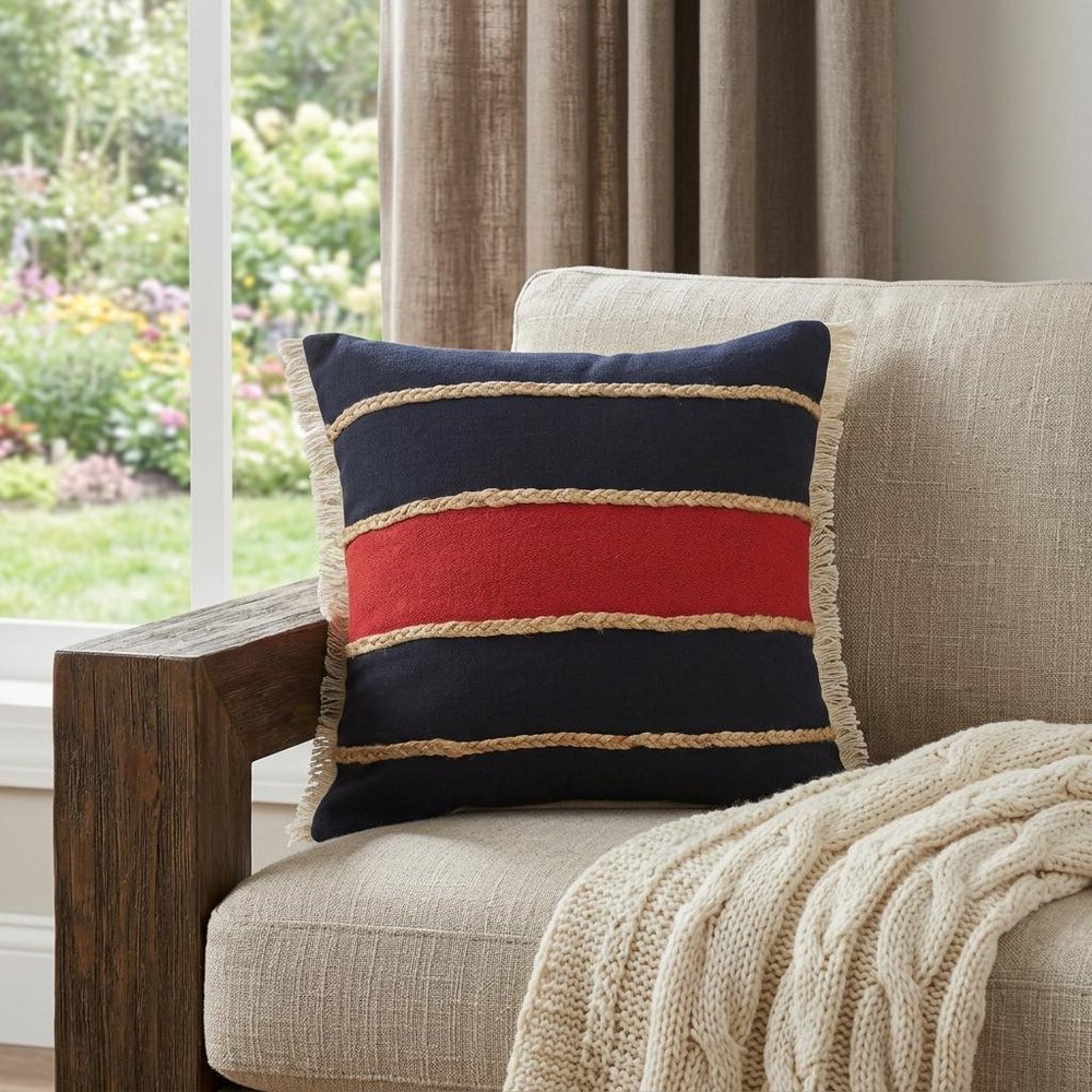 14" X 36" Red Navy And Tan 100% Cotton Striped Zippered Pillow