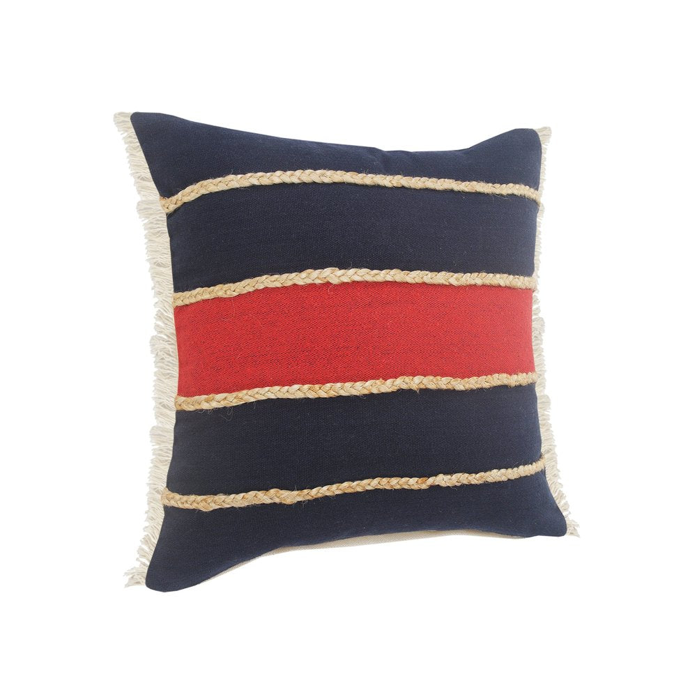 14" X 36" Red Navy And Tan 100% Cotton Striped Zippered Pillow