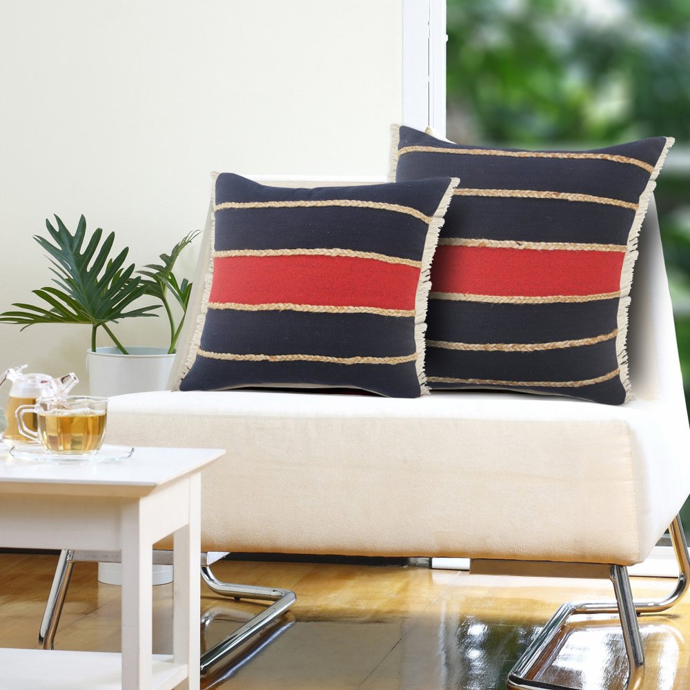 14" X 36" Red Navy And Tan 100% Cotton Striped Zippered Pillow