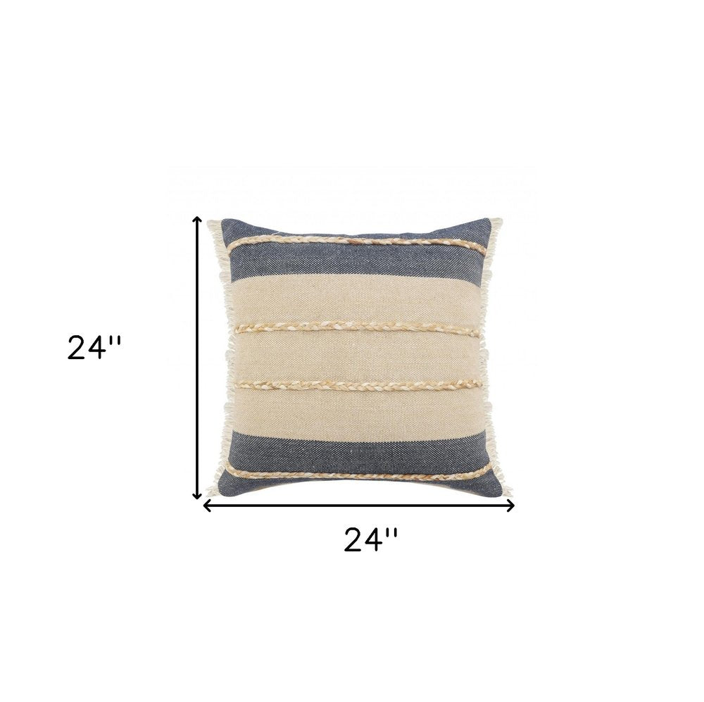 24" Denim Blue And Taupe Jute Coastal Throw Pillow with Fringe
