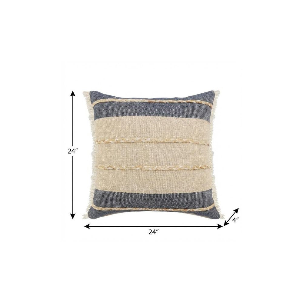 20" X 20" Denim Blue Tan And Taupe Jute Coastal Zippered Pillow
