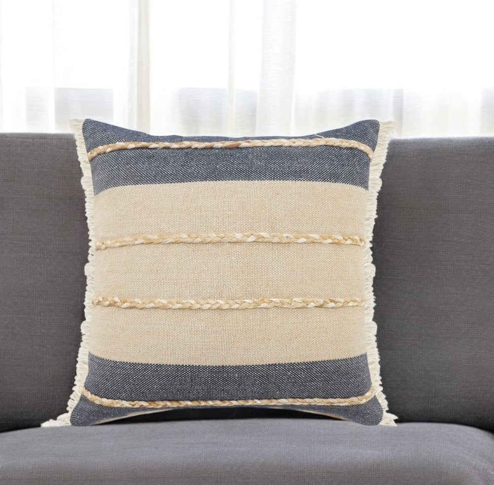 24" Denim Blue And Taupe Jute Coastal Throw Pillow with Fringe
