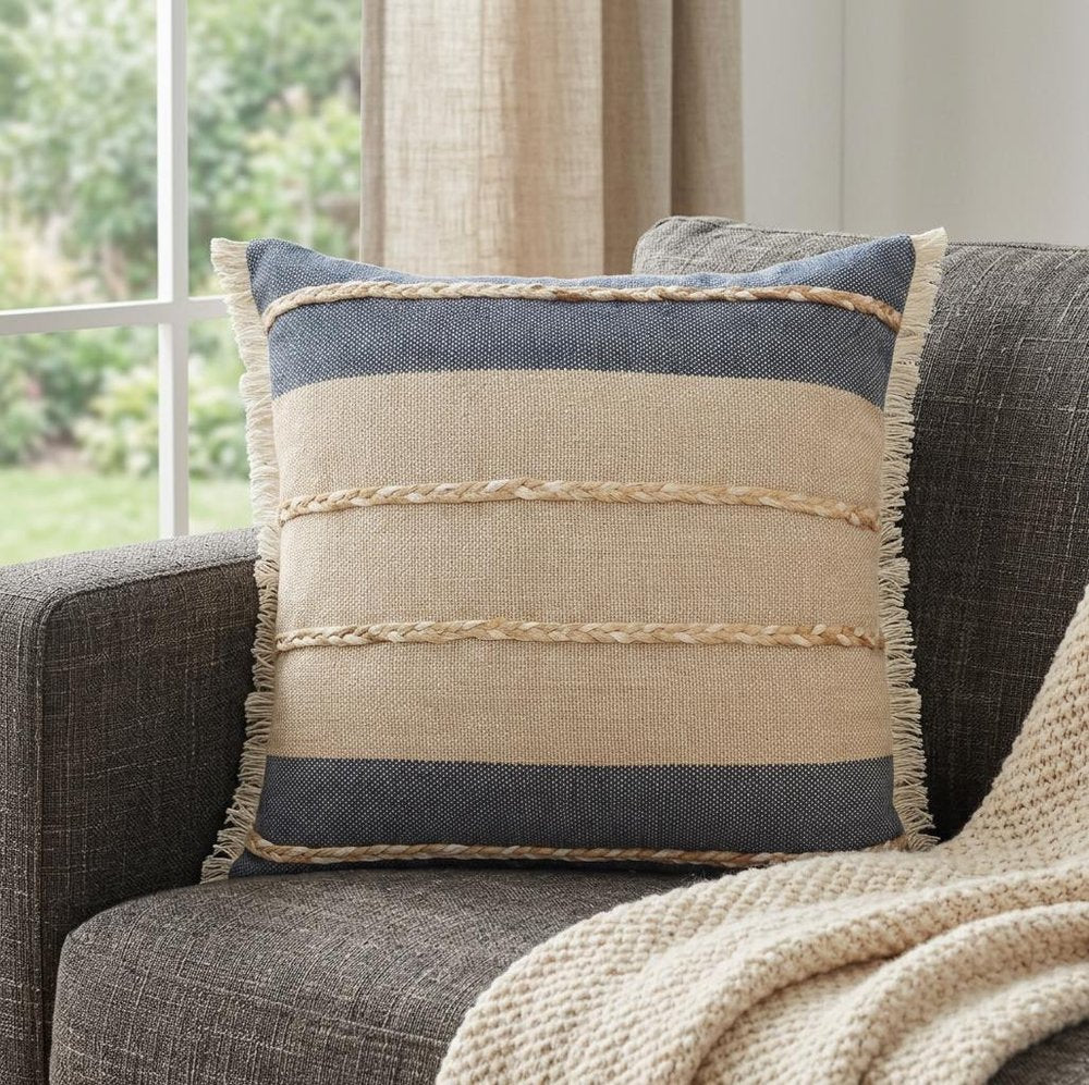 20" X 20" Denim Blue Tan And Taupe Jute Coastal Zippered Pillow
