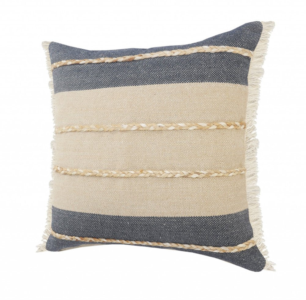 24" Denim Blue And Taupe Jute Coastal Throw Pillow with Fringe