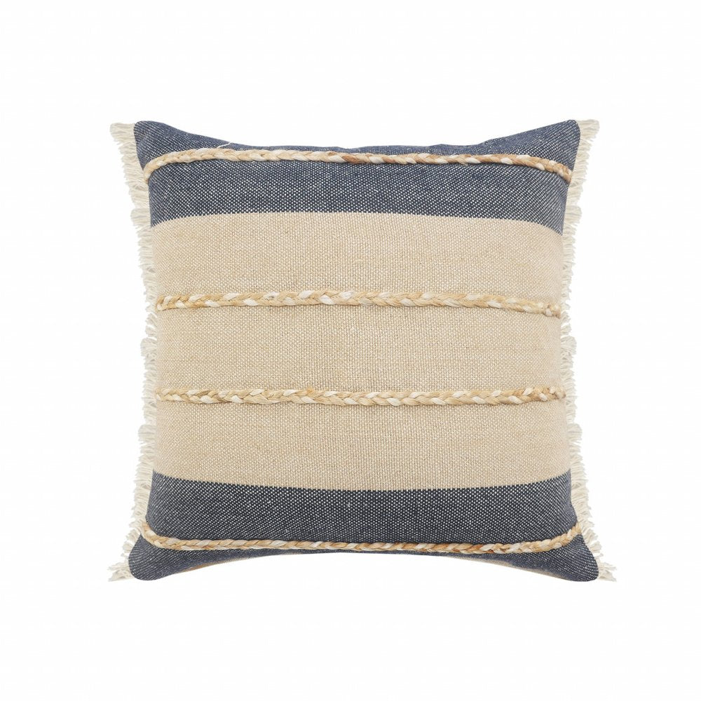 24" Denim Blue And Taupe Jute Coastal Throw Pillow with Fringe