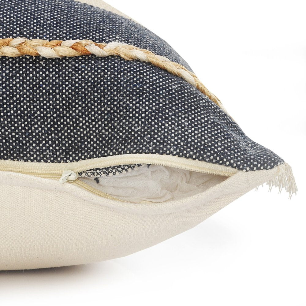 24" Denim Blue And Taupe Jute Coastal Throw Pillow with Fringe