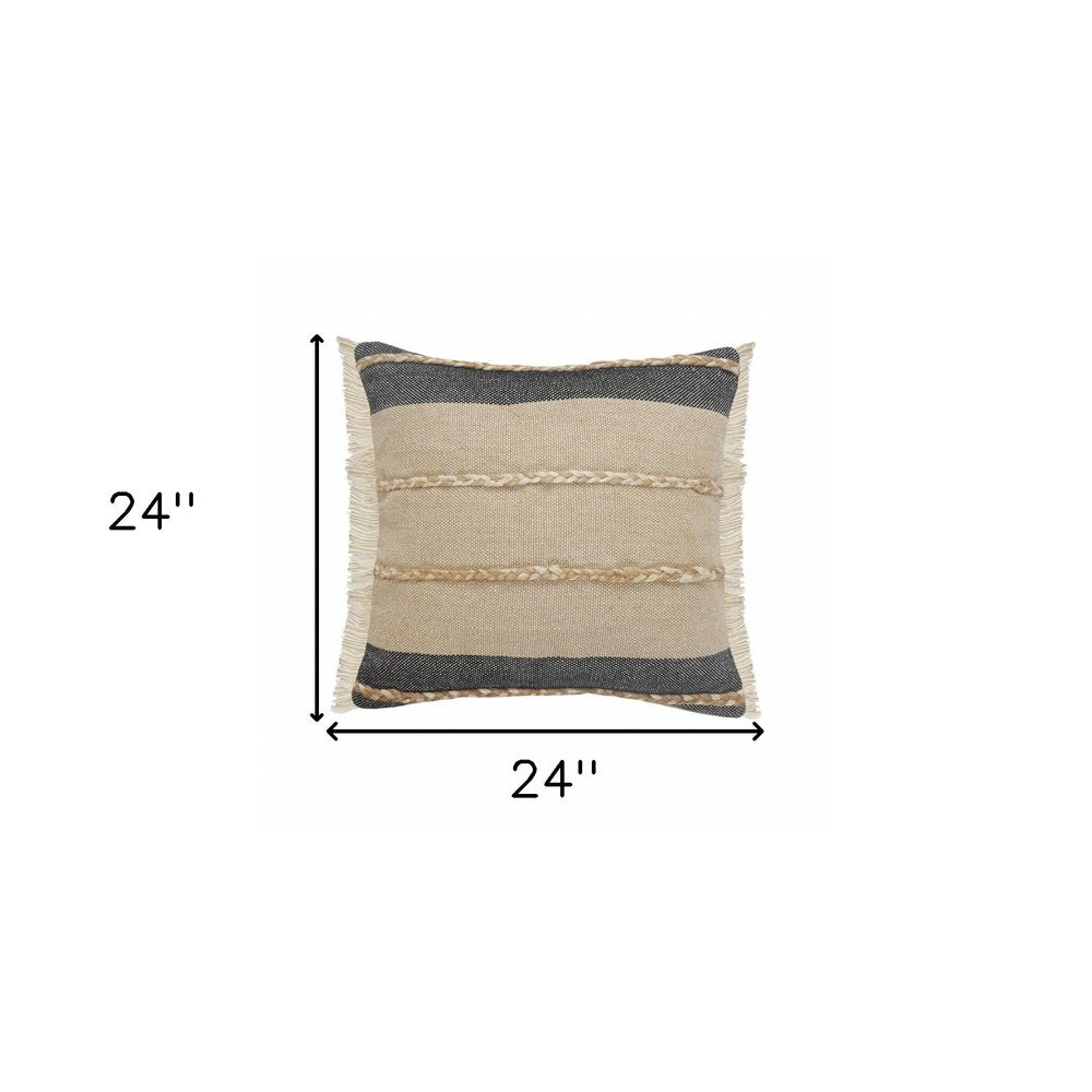 24" Black And Tan Striped Cotton And Jute Throw Pillow With Fringe