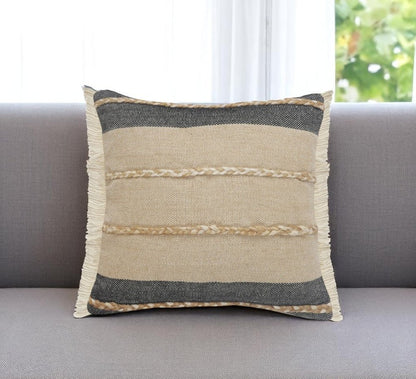 24" Black And Tan Striped Cotton And Jute Throw Pillow With Fringe