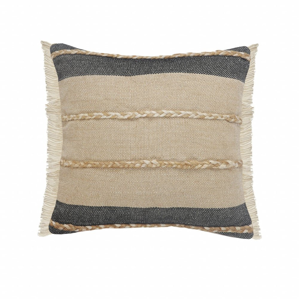 24" Black And Tan Striped Cotton And Jute Throw Pillow With Fringe