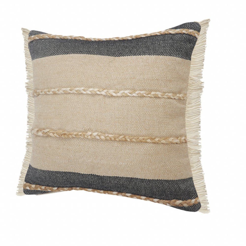 24" Black And Tan Striped Cotton And Jute Throw Pillow With Fringe