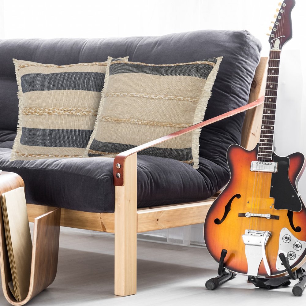 24" Black And Tan Striped Cotton And Jute Throw Pillow With Fringe