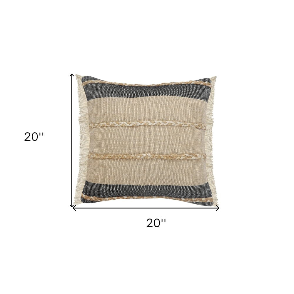 24" Black And Tan Striped Cotton And Jute Throw Pillow With Fringe