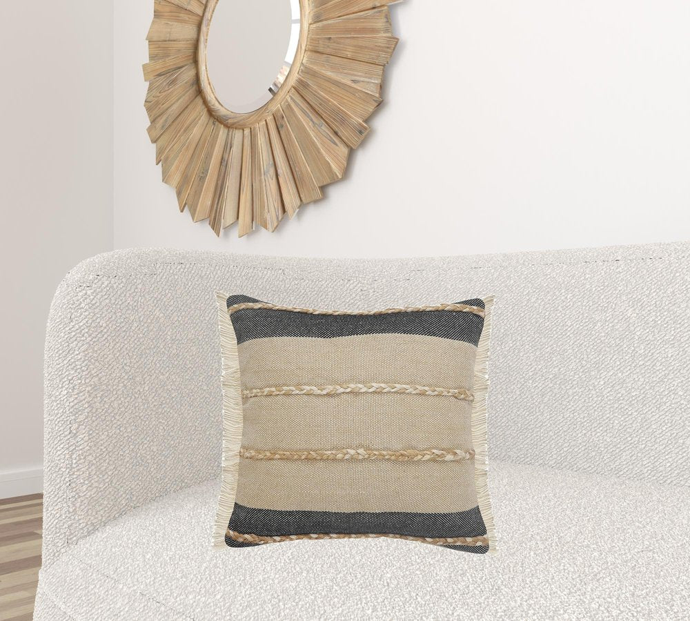 24" Black And Tan Striped Cotton And Jute Throw Pillow With Fringe