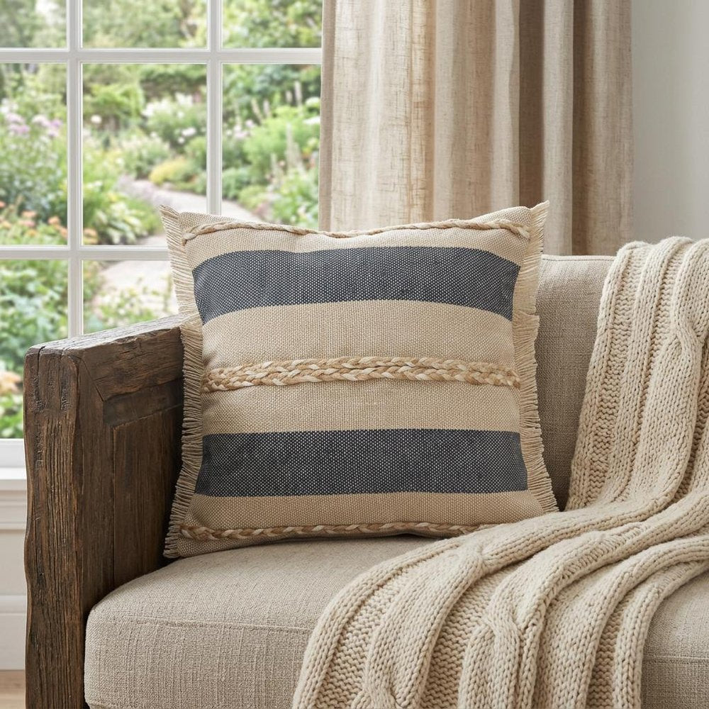14" X 36" Denim Tan And Taupe Jute Coastal Zippered Pillow