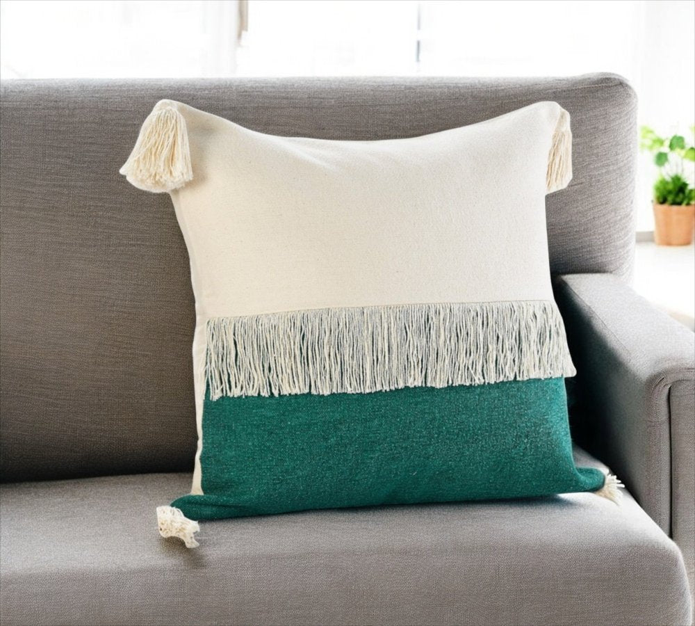 20" X 20" Denim Blue And Off-White 100% Cotton Zippered Pillow