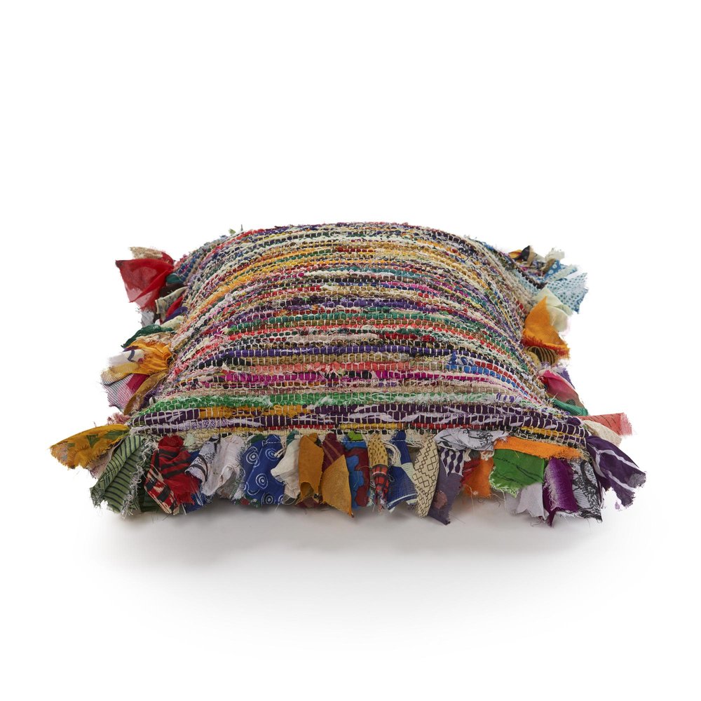 26" Blue And Red Weave Cotton Throw Pillow with Fringe