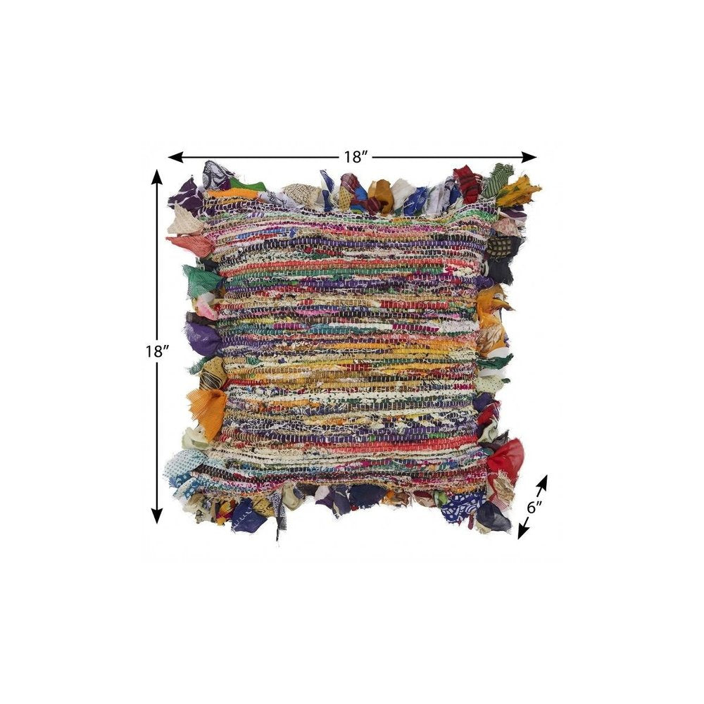 26" Blue And Red Weave Cotton Throw Pillow with Fringe