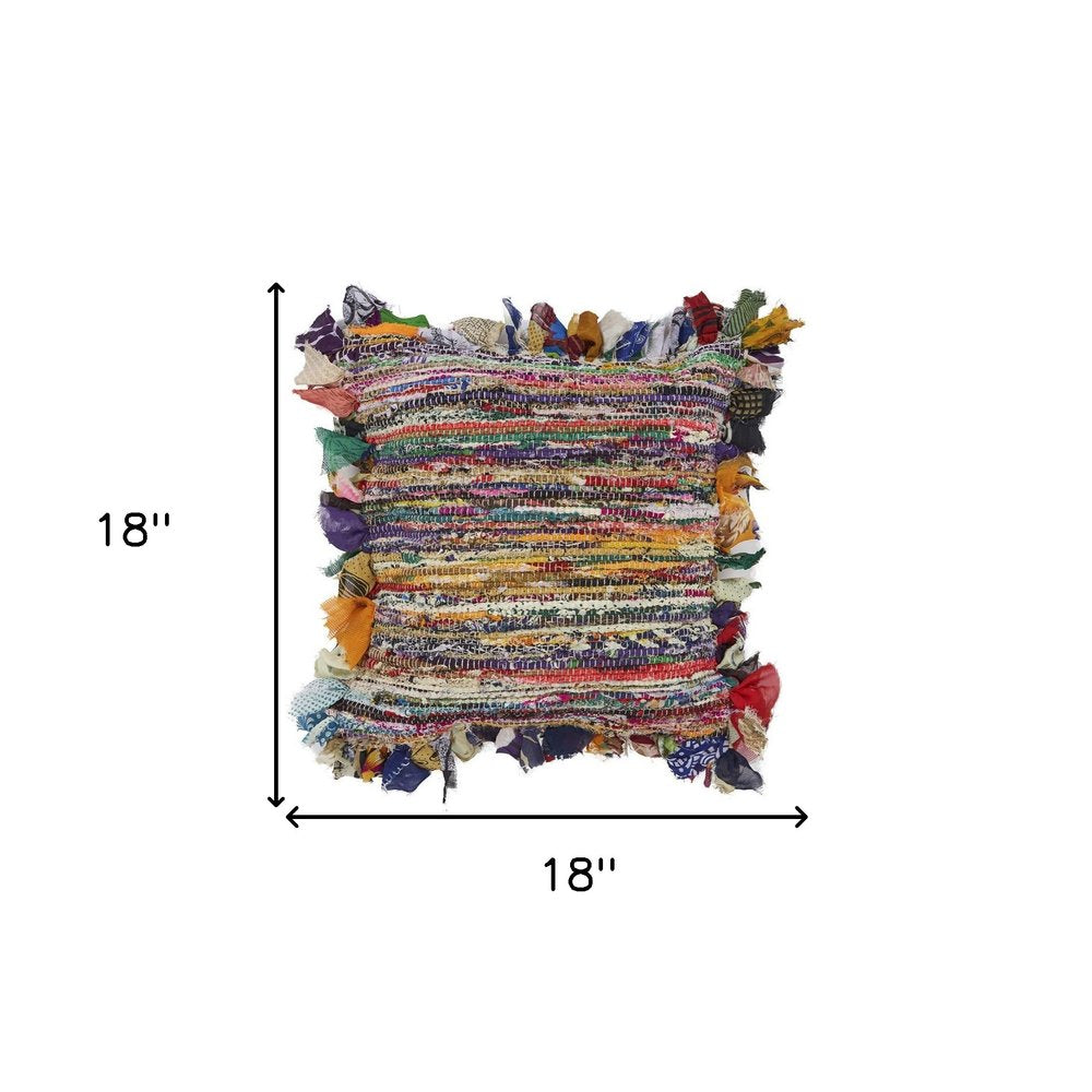 18" Blue and Red Throw Pillow with Fringe