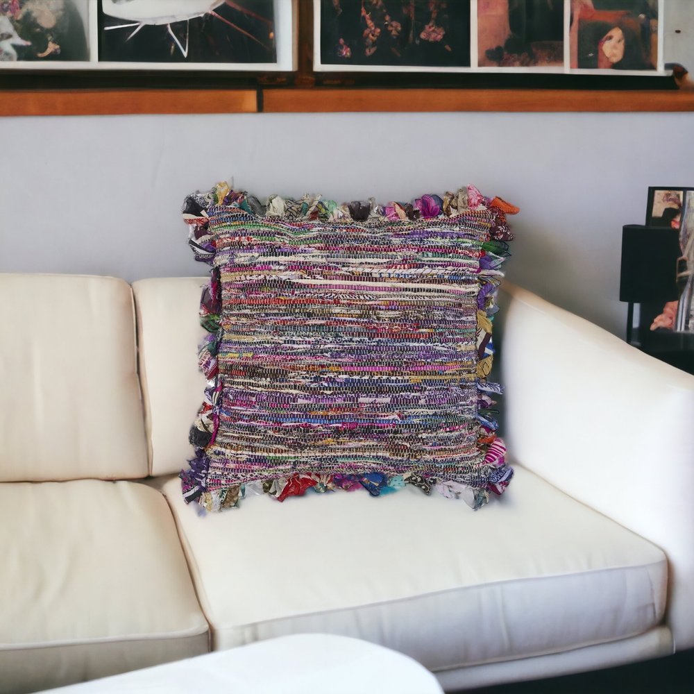 18" Blue and Red Throw Pillow with Fringe