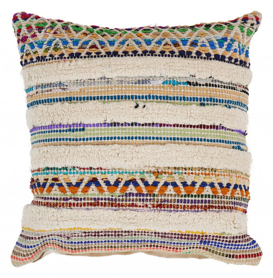 14" X 36" Off White Red And Blue Cotton Striped Throw Pillow