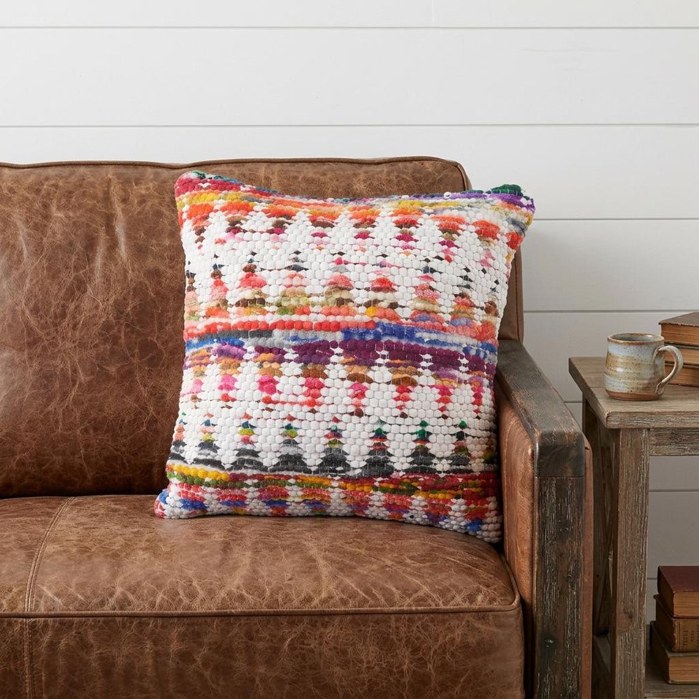 14" X 36" White Red Blue Orange And Green 100% Cotton Geometric Zippered Pillow