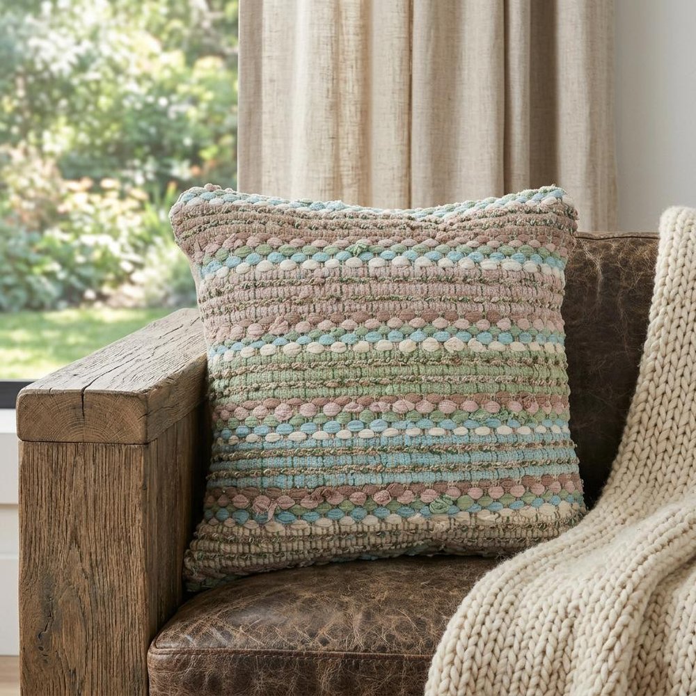 18" Blue And Green Cotton Striped Throw Pillow