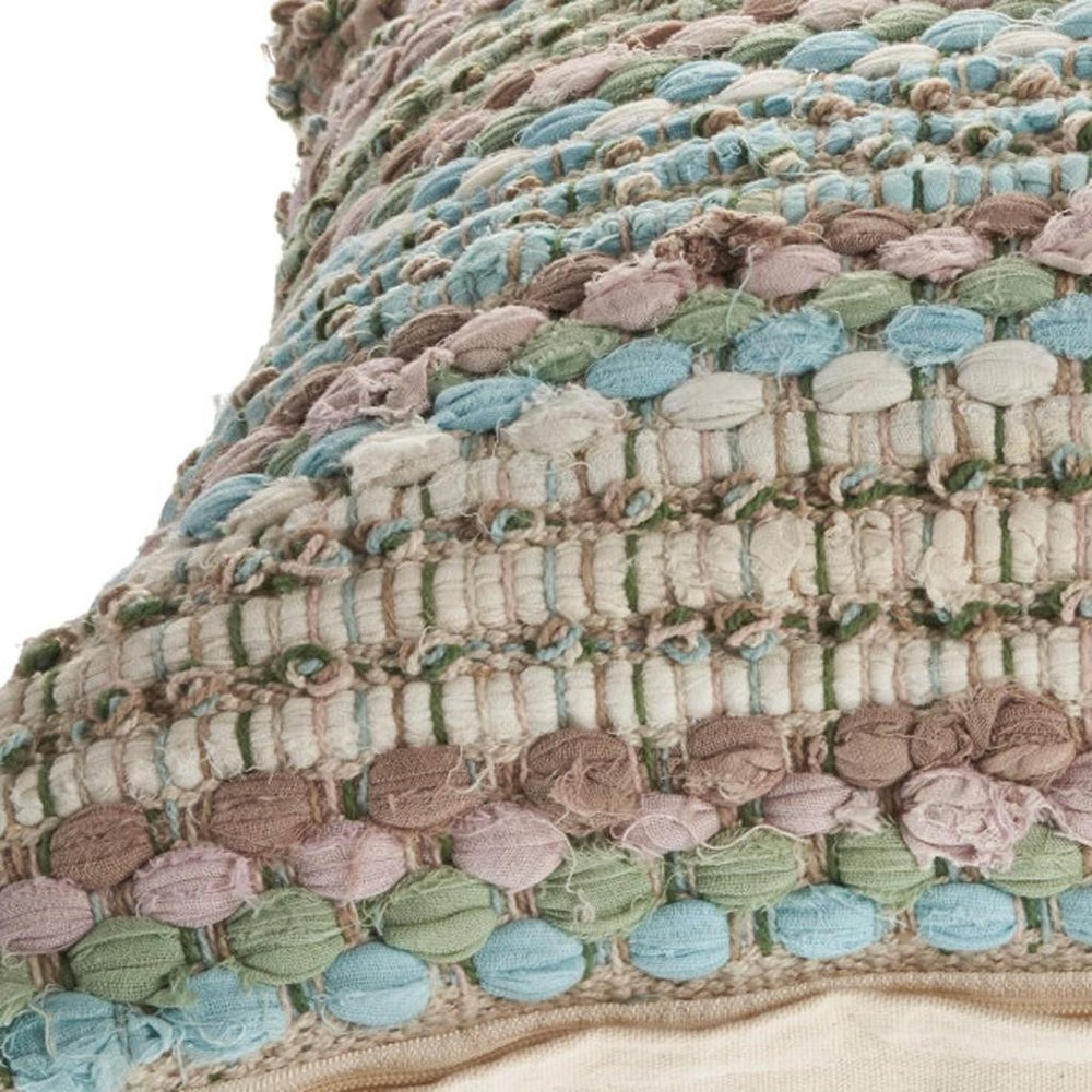 18" Blue And Green Cotton Striped Throw Pillow