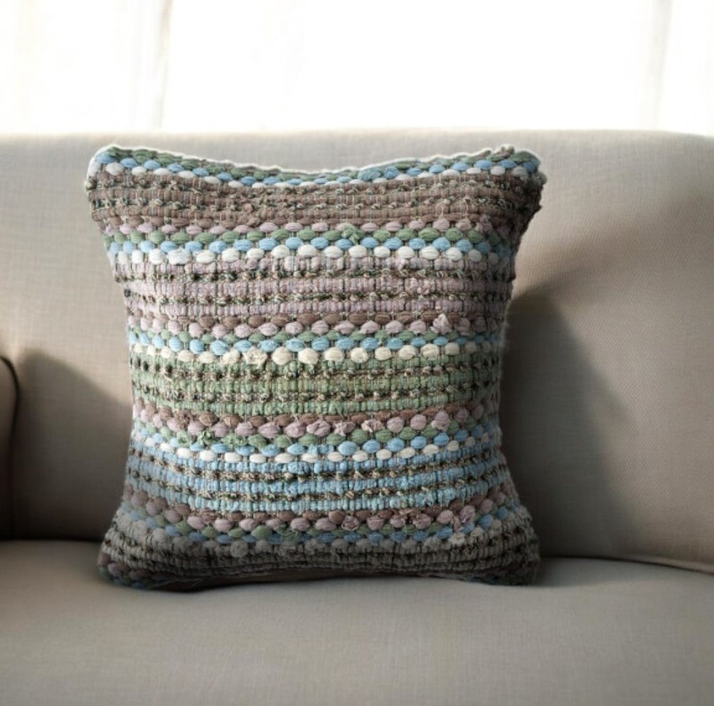 18" Blue And Green Cotton Striped Throw Pillow