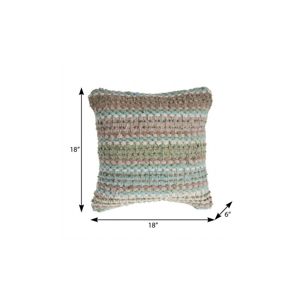 18" Blue And Green Cotton Striped Throw Pillow