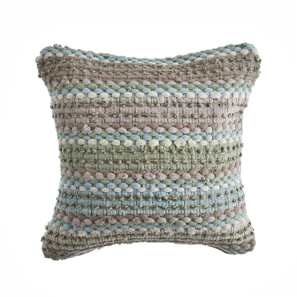 18" Blue And Green Cotton Striped Throw Pillow