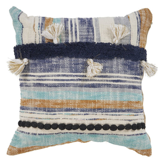 18" Blue and Beige Throw Pillow with Tassels