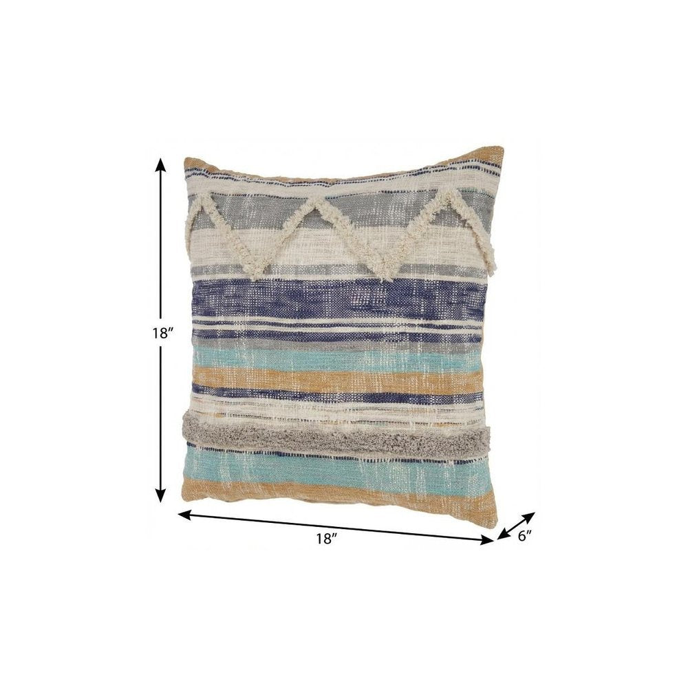 14" X 36" Off White Blue And Orange Cotton Striped Throw Pillow