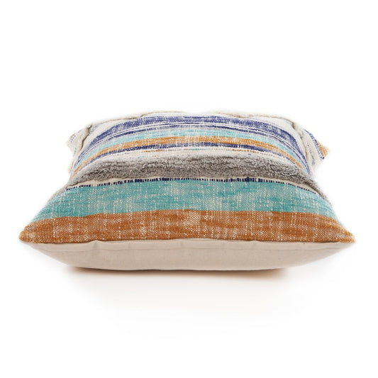 14" X 36" Off White Blue And Orange Cotton Striped Throw Pillow