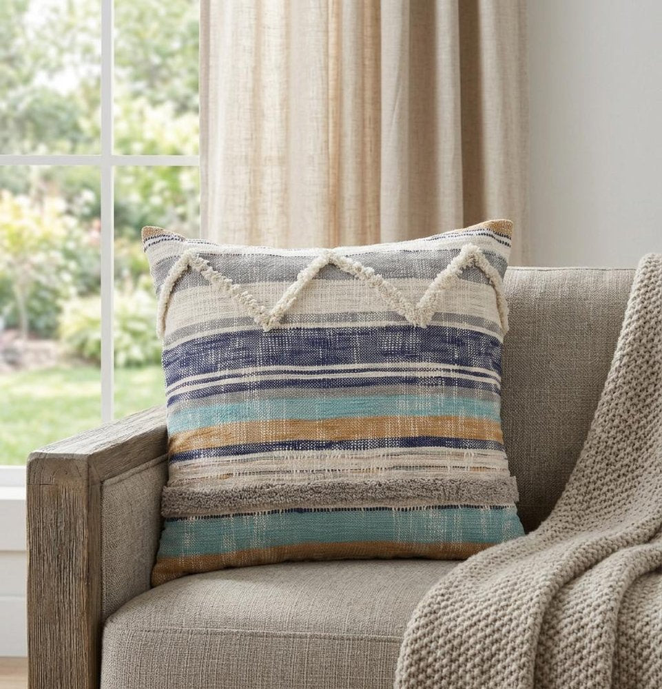14" X 36" Off White Blue And Orange Cotton Striped Throw Pillow