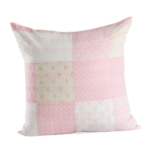 20" Pink And Off White Patchwork Cotton Throw Pillow