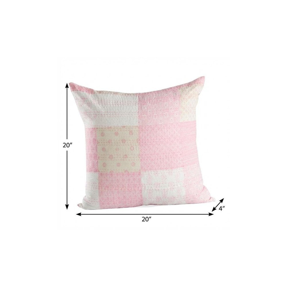 20" Pink And Off White Patchwork Cotton Throw Pillow