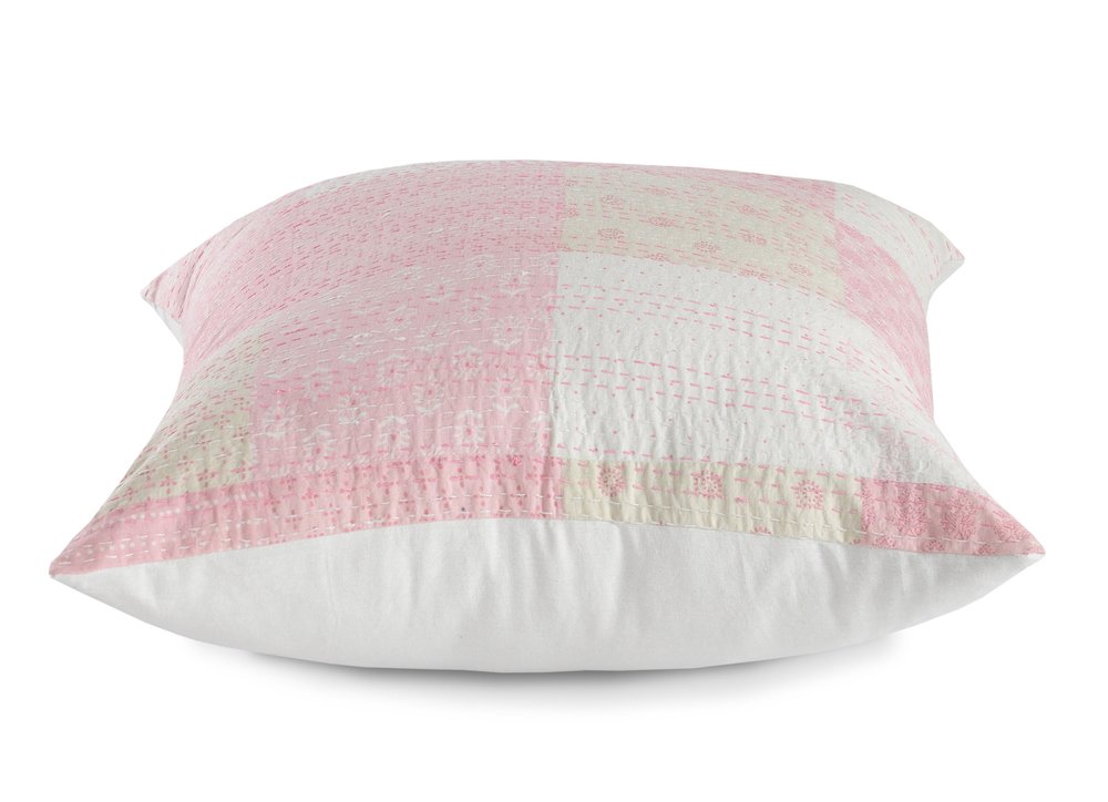 20" Pink And Off White Patchwork Cotton Throw Pillow