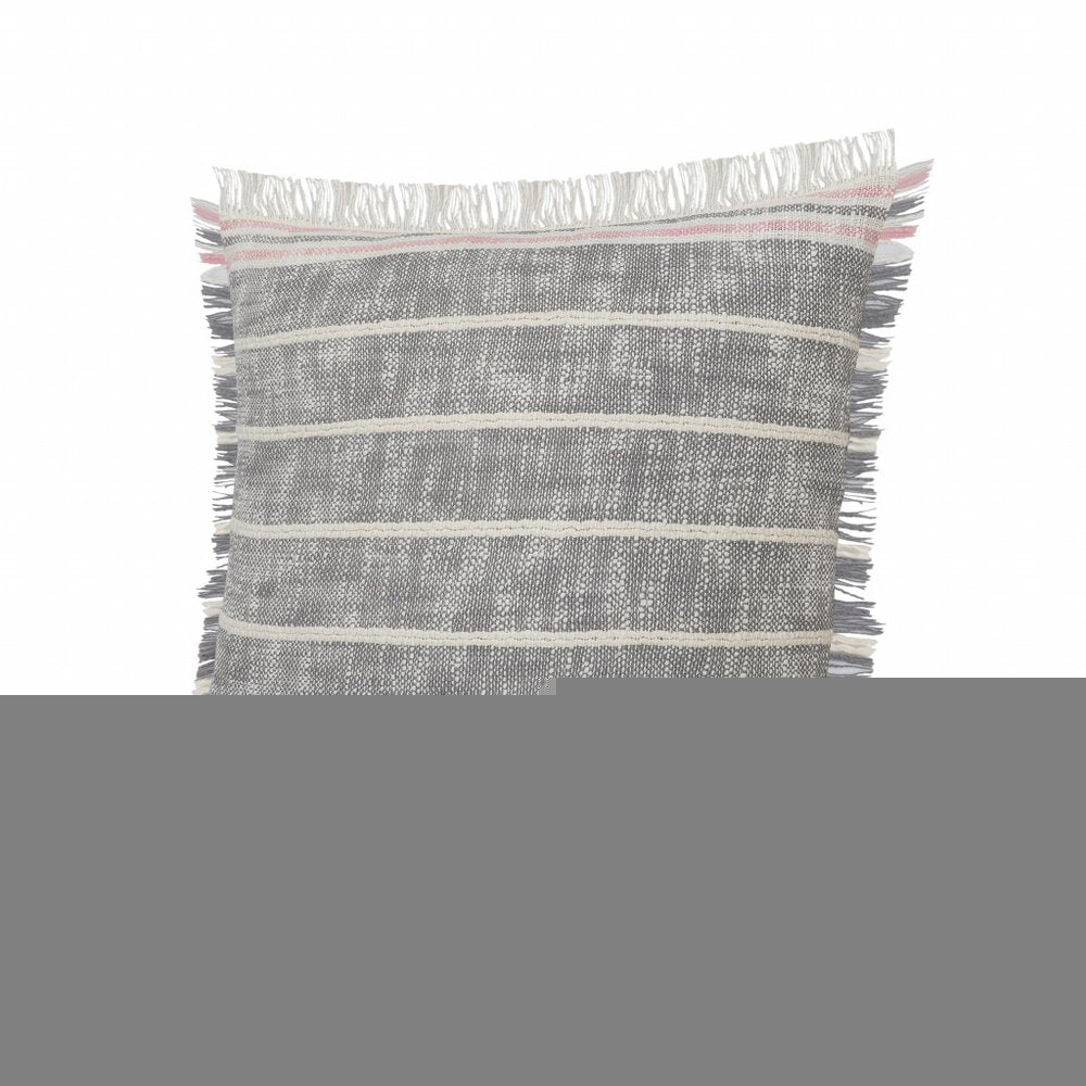 20" X 20" Gray White And Pink 100% Cotton Striped Zippered Pillow