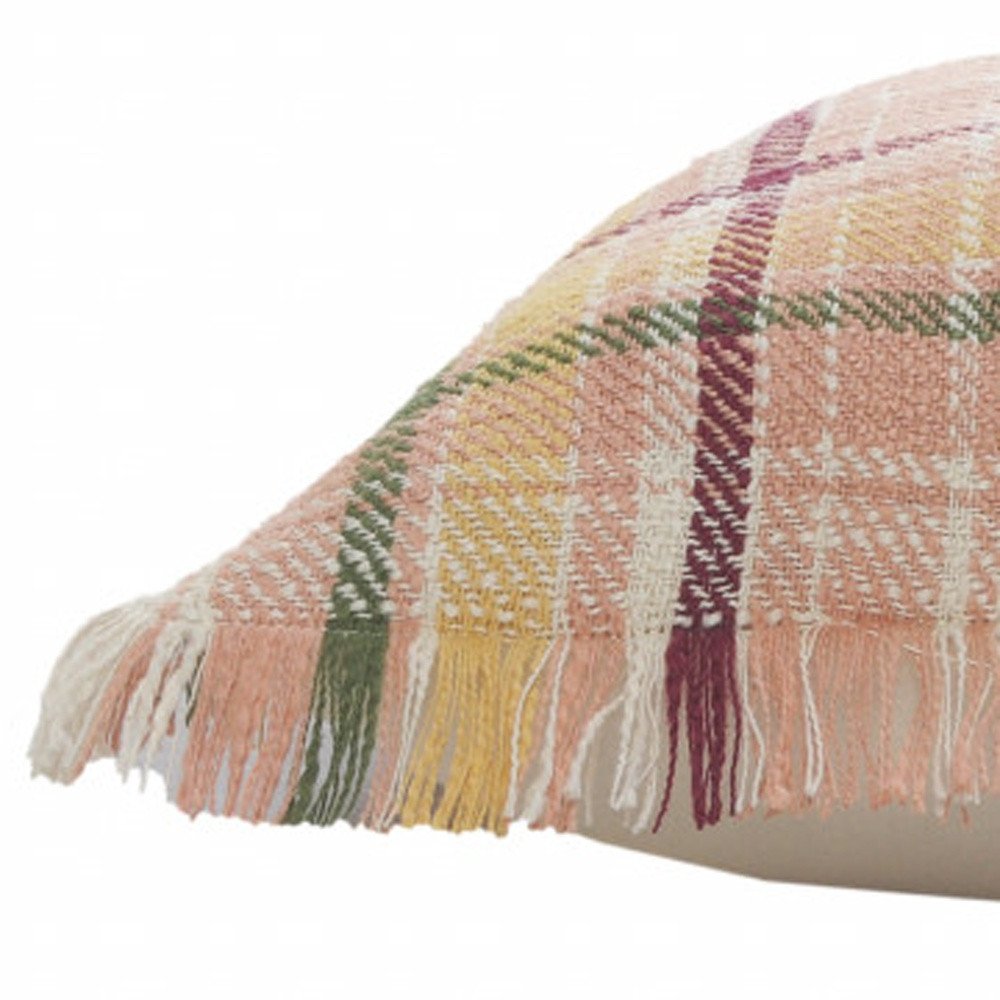 20" Pink And Yellow Cotton Plaid Throw Pillow with Fringe
