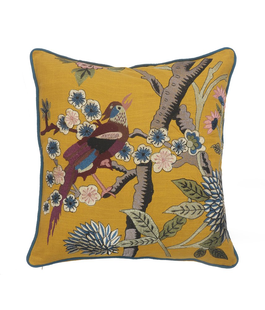 20" Blue and Yellow Bird Floral Throw Pillow with Embroidery