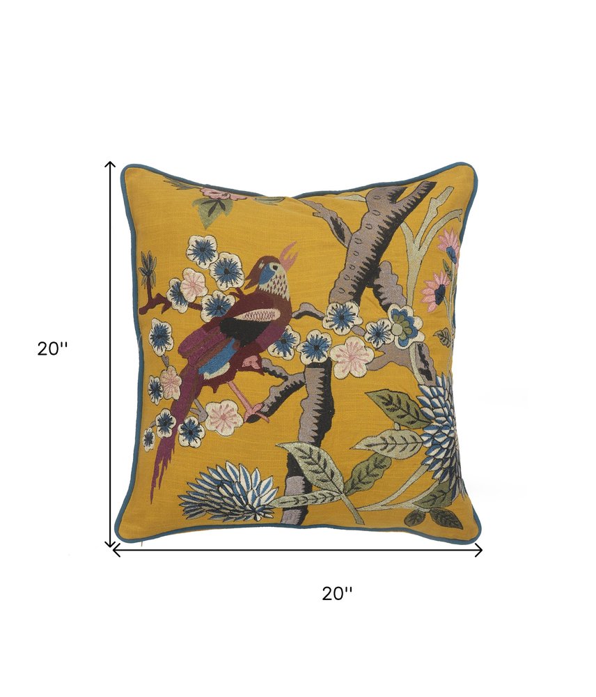 20" Blue and Yellow Bird Floral Throw Pillow with Embroidery