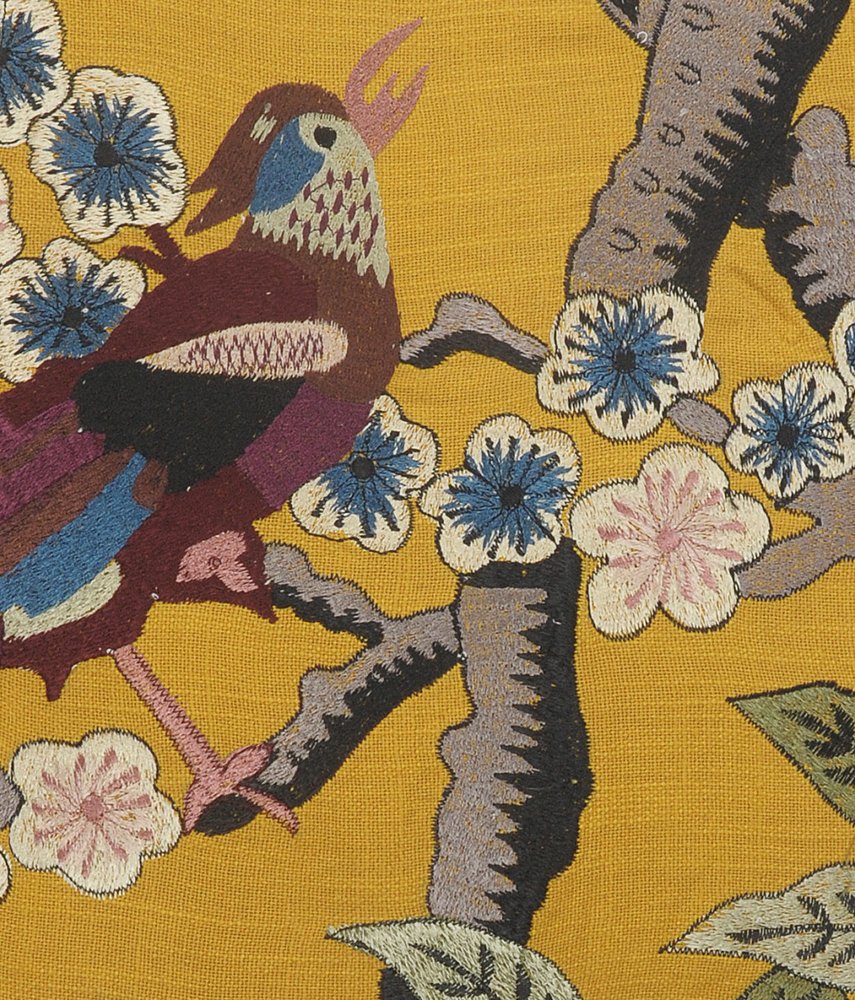 20" Yellow And Blue Bird Floral Throw Pillow with Embroidery