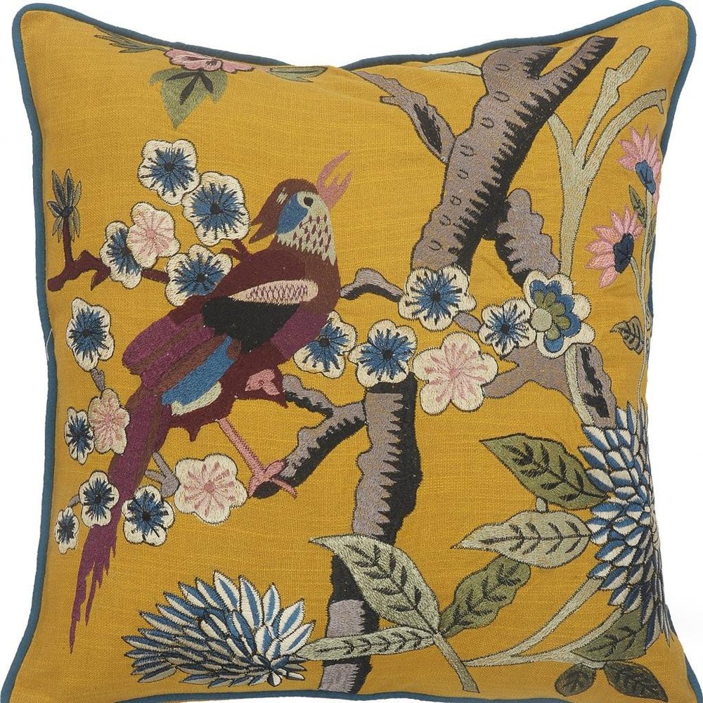 20" Yellow And Blue Bird Floral Throw Pillow with Embroidery