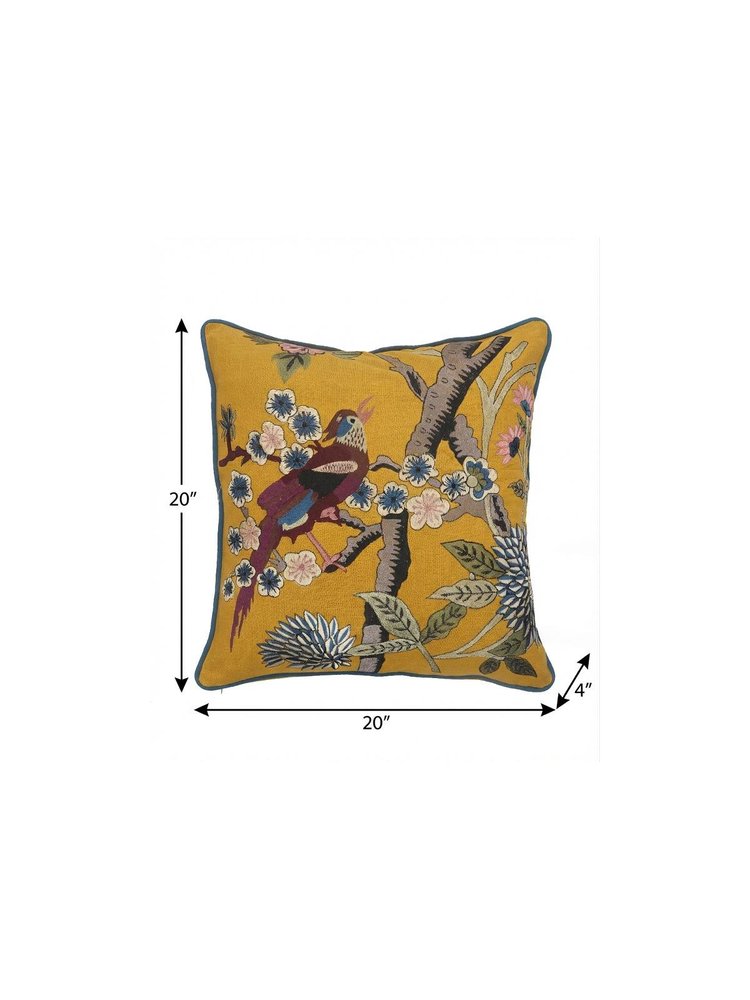 20" Yellow And Blue Bird Floral Throw Pillow with Embroidery