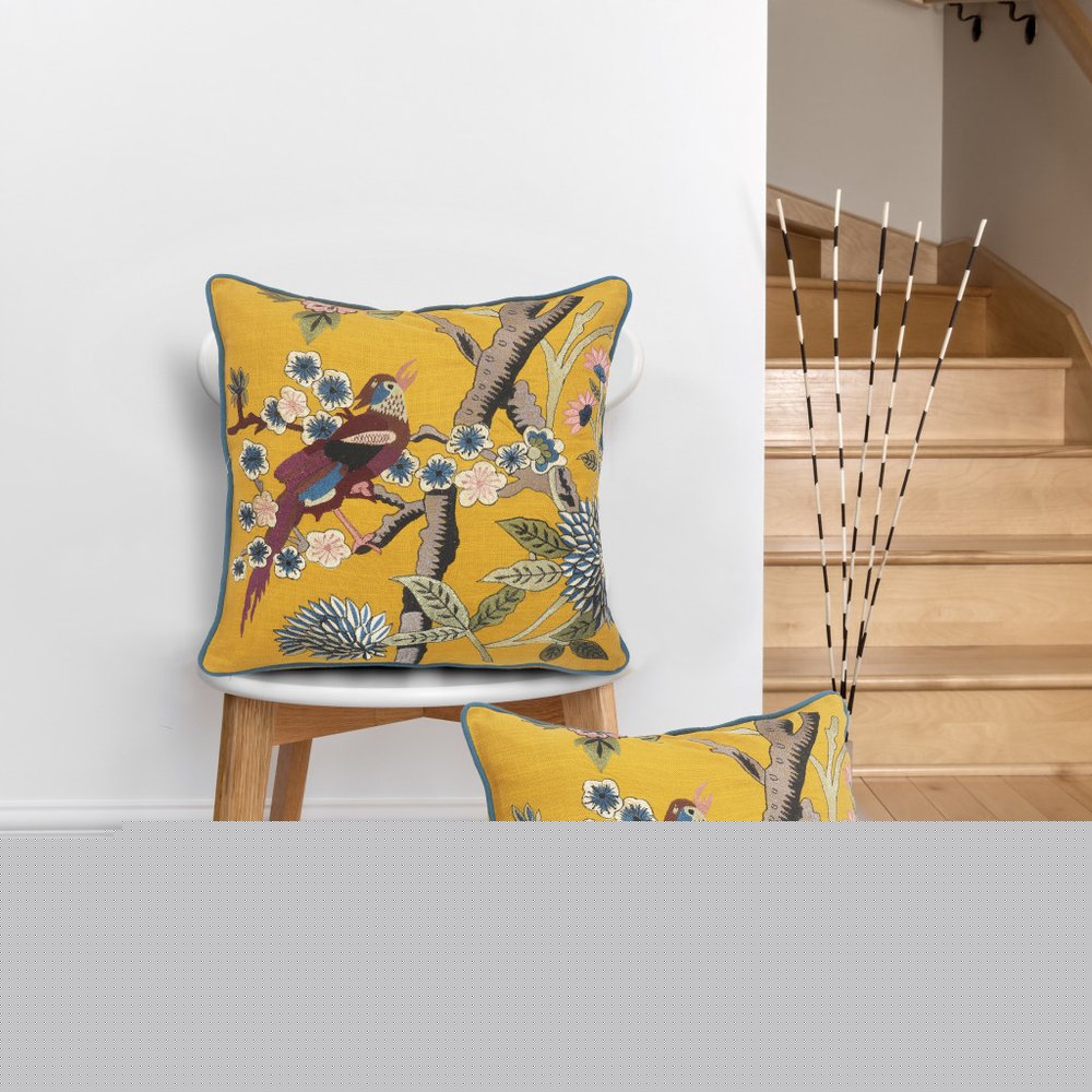 20" Yellow And Blue Bird Floral Throw Pillow with Embroidery