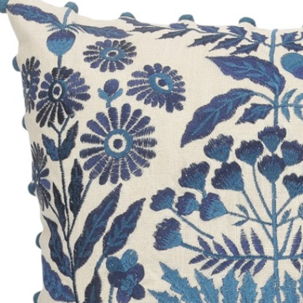 20" Navy Blue And Off White Cotton Floral Throw Pillow