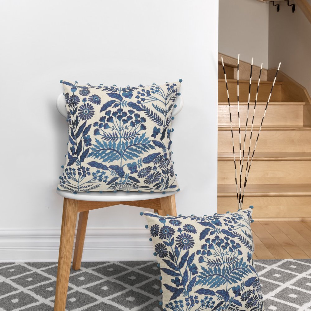 20" Navy Blue And Off White Cotton Floral Throw Pillow