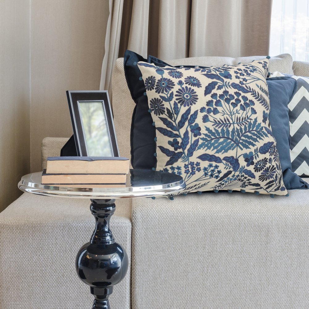 20" Navy Blue And Off White Cotton Floral Throw Pillow